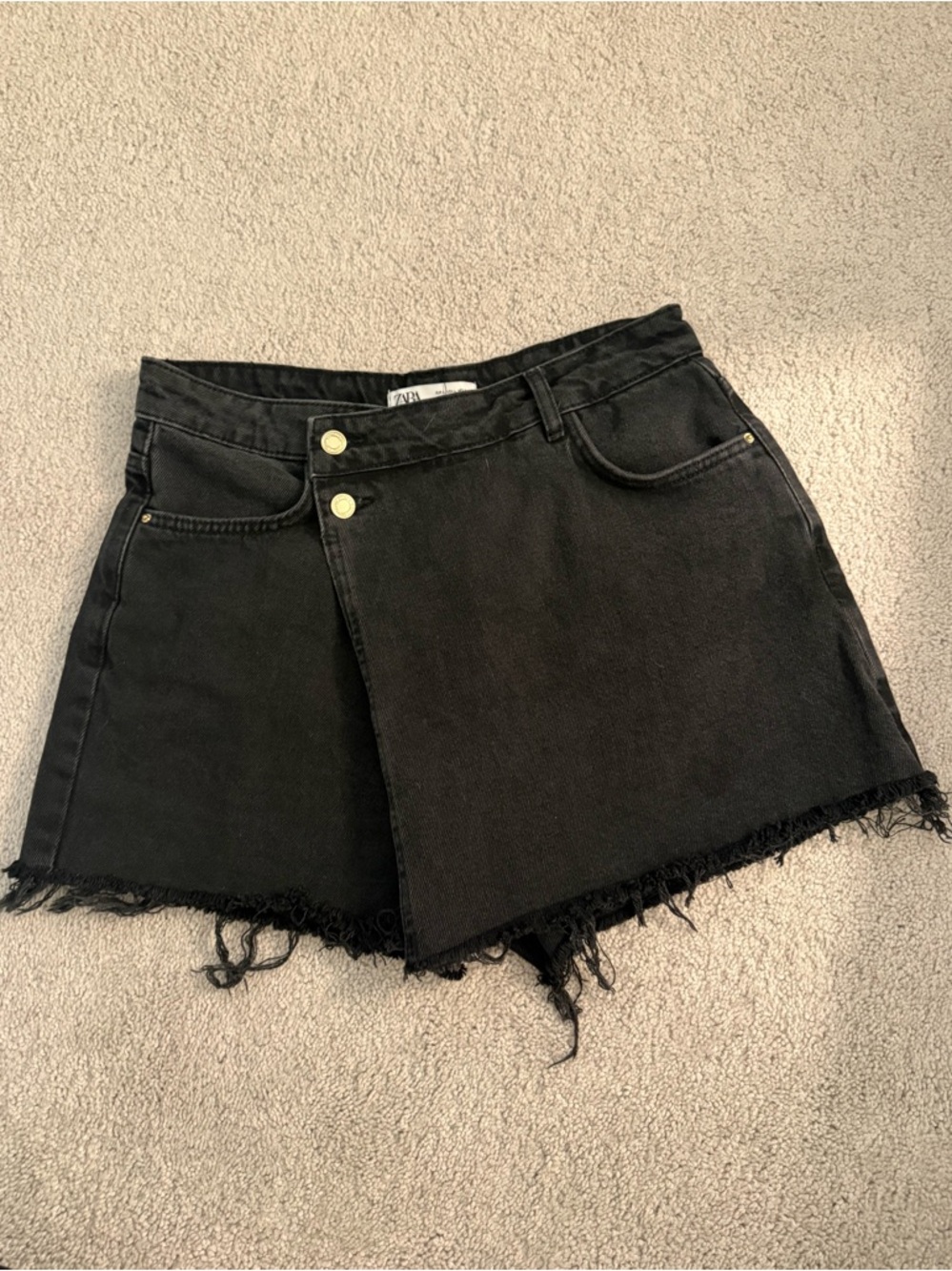 Zara Black Asymmetrical Wrap Denim Skort with Frayed Hem